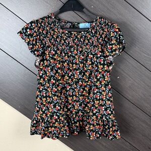 CeCe Women's Small Floral Smocked Flutter Sleeve Blouse Black Multicolor